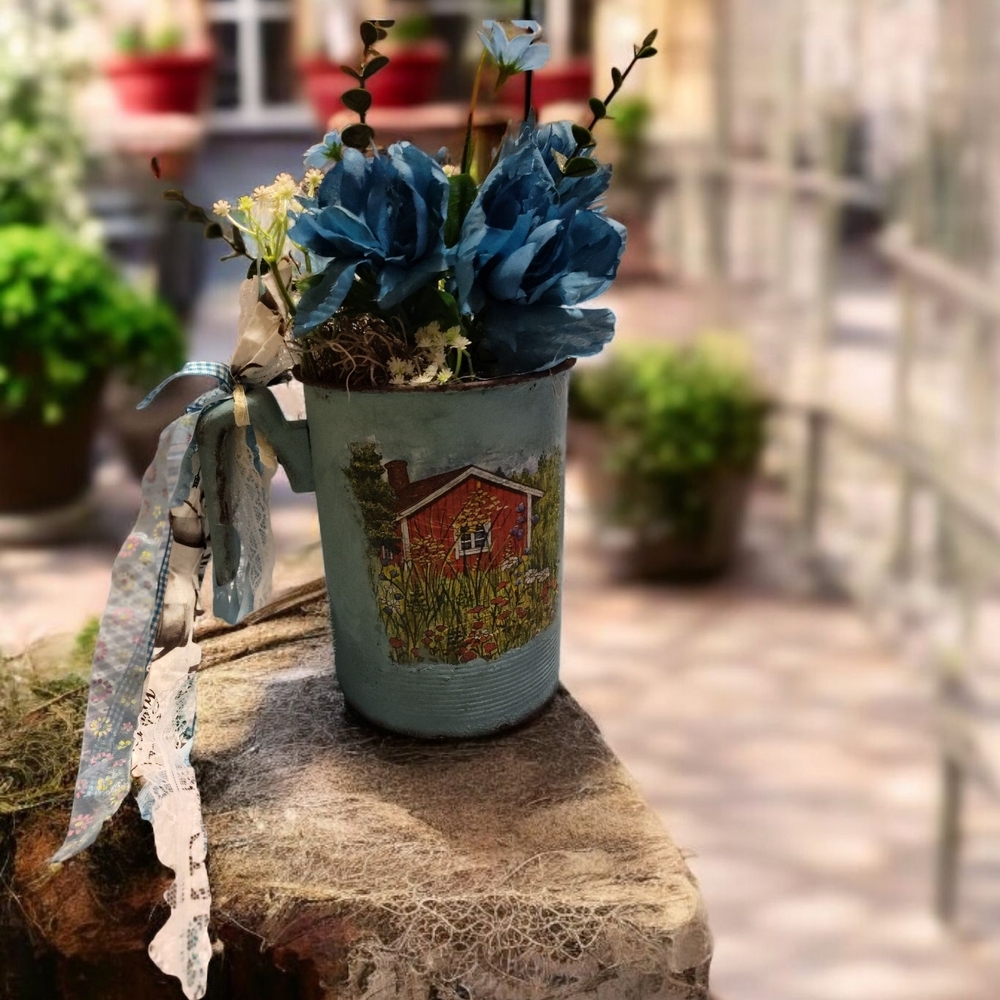 Charming VTG Blue Cottage Tin Pitcher